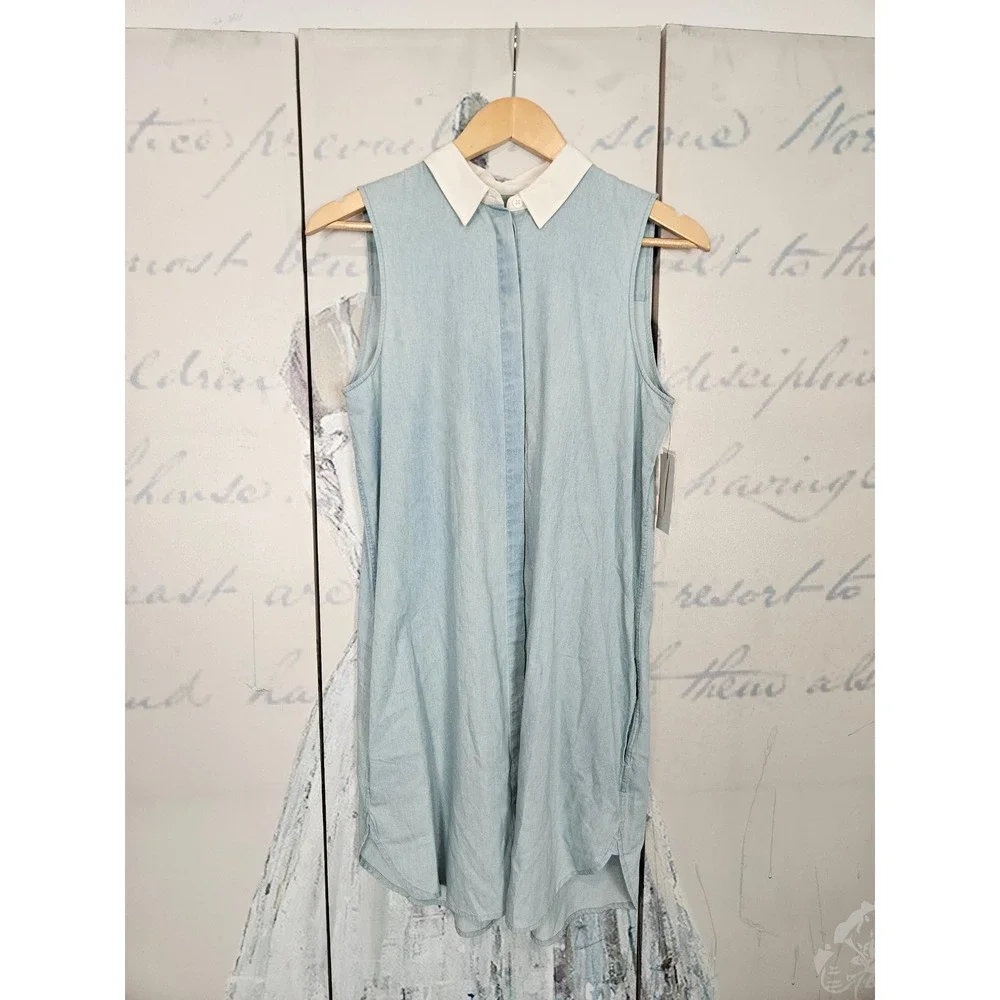 NWT Equipment Femme Lanie Dress S Blue Sleeveless Cotton Contrast Collar Mini